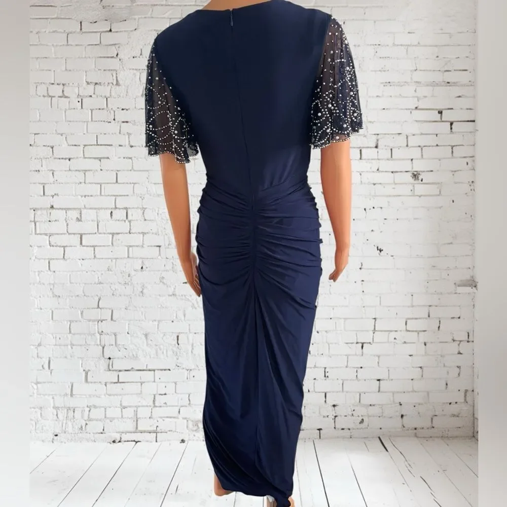 Betsy & Adam Navy Midi Dress with‎ Embellished Sleeves Sz. 4P